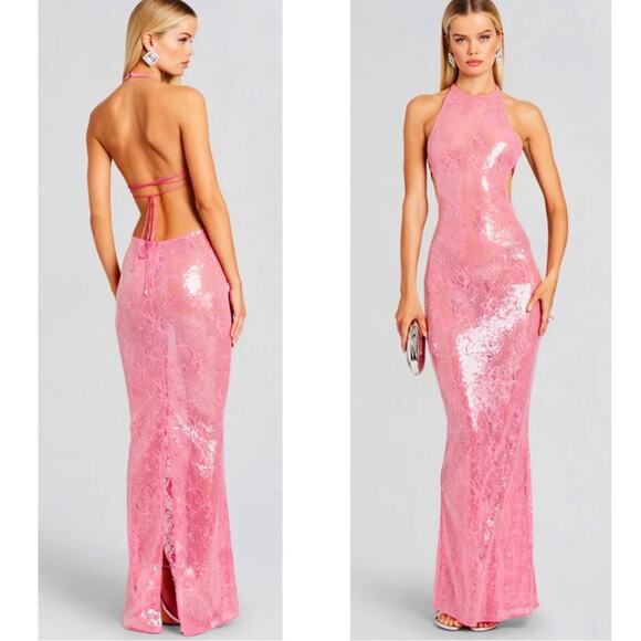 Retrofete Shivonne Sheer Floral Sequin Halterneck Paradise Pink Maxi Dress Sz L - Picture 1 of 11